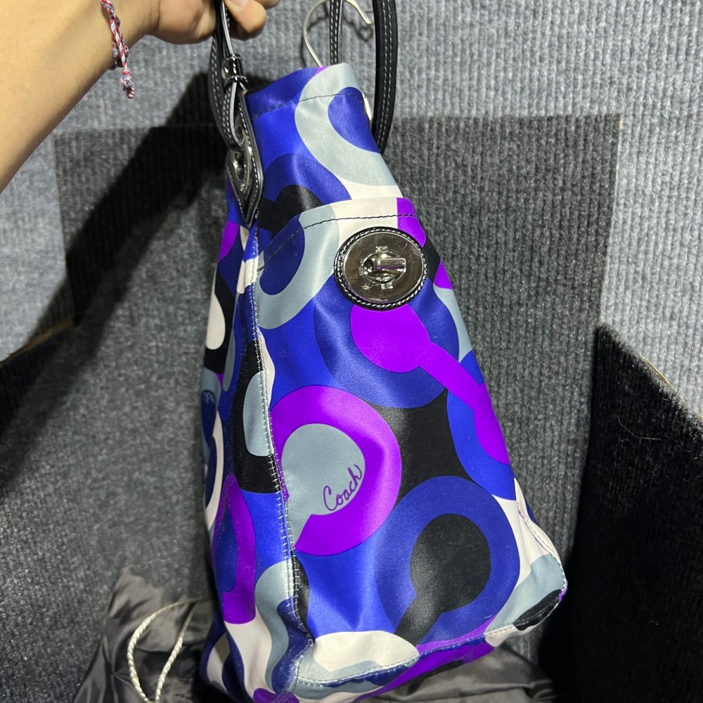 Coach Alex OP Tote Purple Blue C Logo Nylon Patent Trim 14398 Bag Multiprint - Picture 9 of 15